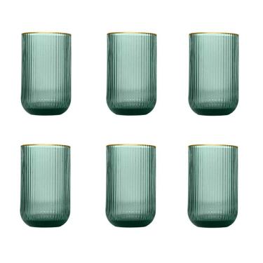 Imagem de Jogo de 6 Copos em Cristal Verde com borda dourada 425ml