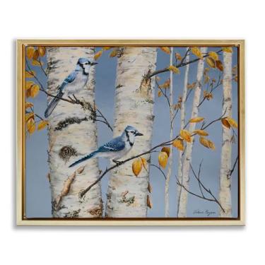 Imagem de Stupell Industries Blue Jay Autumn Day Gold Floater Canvas Framed Wall Art Design por Valerie Rogers, 78 x 63 cm