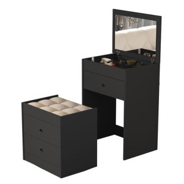 Imagem de Penteadeira 3 Gavetas Compacta 100% MDF Com Espelho Banqueta - Casa Ro