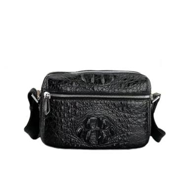 Imagem de Bolsa masculina exótica de couro de crocodilo genuína, pequena, cruzada, couro de jacaré, bolsa mensageiro masculina, Preto, 25cm(Length) x 15.5cm(Height) x 6.5cm(Deep)