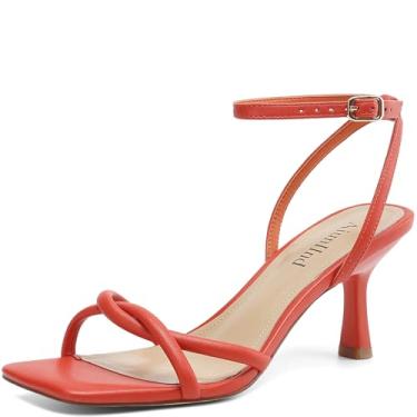 Imagem de AIUNIIND Sandálias femininas quadradas, bico aberto, salto gatinho, tiras no tornozelo, sandálias femininas confortáveis para festas, Laranja, 38