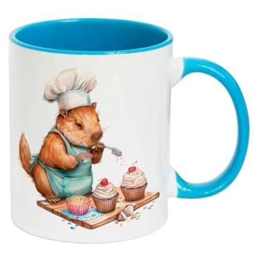 Imagem de Caneca Branca Interna Alça Azul Claro Porcelana - CAPIVARA MAMAE BOLO 5