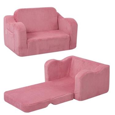 Imagem de MeMoreCool Cadeira infantil confortável para crianças de 1 a 3 anos, sofá-cama dobrável de veludo cotelê, cadeira dobrável 2 em 1, sofá-cama infantil, rosa