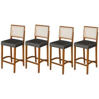 Imagem de Kit 4 Banquetas Altas Pés Em Madeira Maciça Com Encosto em Rattan e As