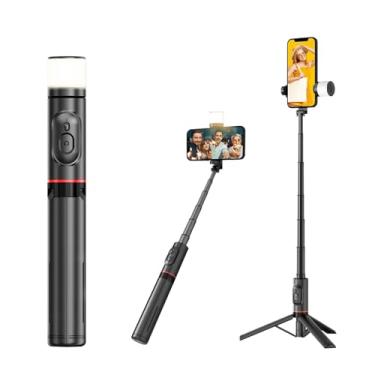 Imagem de H'MASTON Bastão Pau de Selfie Tripé para Celular com iluminação Bluetooth Controle Remoto Portátil Retrátil para iOS e Android (PRETO)