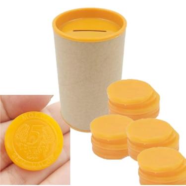 Imagem de Conjunto 6 Cofres 6x10cm + 60 Moedas de Mentira Brinquedo Educativo Kit Prendas Lembrancinhas Mimos Moedinhas (Laranja)