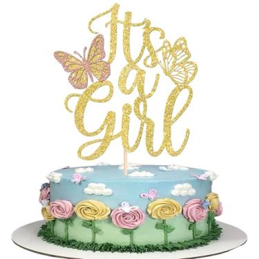 Imagem de Rsstarxi 1 pacote com topo de bolo It's a Girl Gold Glitter Butterfly Cake Pick para tema de revelação de gênero chá de bebê menina festa de aniversário decoração de bolo suprimentos