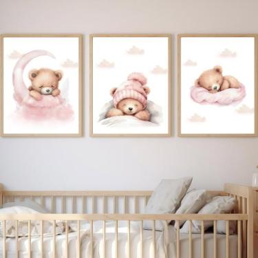 Imagem de Kit 3 Quadros Decorativos Ursinha Rosa Quarto Menina Bebê Decoração - 