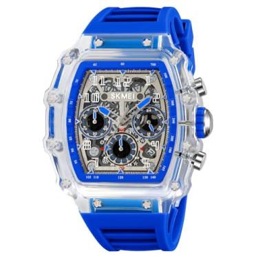 Imagem de MASTOP Relógios masculinos modernos vazados Tonneau crânio transparente, mostrador analógico, pulseira de silicone, cronógrafo, calendário, quartzo, impermeável, tendência, relógio de pulso masculino