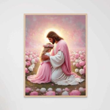 Imagem de Quadro Decorativo Jesus Cristo e a Menina Rezando Quarto Infantil - Lo
