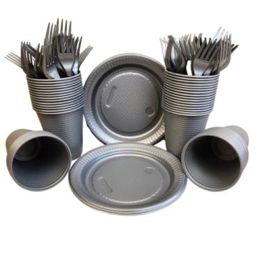 Imagem de Kit Descartáveis Perolado 150 Itens Luxo para 50 Pessoas(Prata)