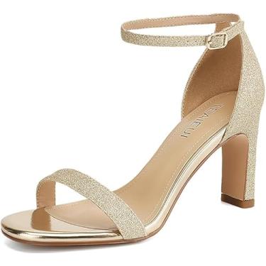 Imagem de TEAIEUI Sandálias femininas de salto redondo salto alto grosso com tira no tornozelo para mulheres salto bloco elegante, Sandálias douradas com glitter, 38