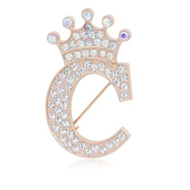 Imagem de Broche de letra inicial com coroa para mulheres, meninas, homens, meninos, broches de nome personalizado, artesanato, broche, colorido, strass, broche, ouro, A-Z, Zircônia cúbica