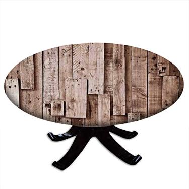Imagem de ESFVRG Toalha de mesa redonda de madeira, tábuas de parede vintage para galpão de celeiro, arte sépia, estampa de imagem de madeira compensada natural antiga, borda elástica, para festas de cozinha de