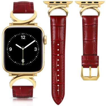 Imagem de mxiixnai Pulseira de couro feminina compatível com Apple Watch séries 10/9/8/7/6/4/3/2/1/se/Ultra/Ultra 2 (49 mm, 46 mm, 45 mm, 44 mm, 42 mm, estampa de crocodilo, vermelho/dourado)