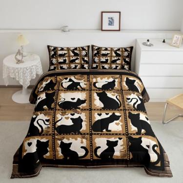 Imagem de Feelyou Conjunto de edredom com estampa de gatos fofos, tamanho casal, xadrez, para meninos, meninas, adolescentes, gatinho fofo, respirável, para amantes de gatos, conjunto de edredom geométrico