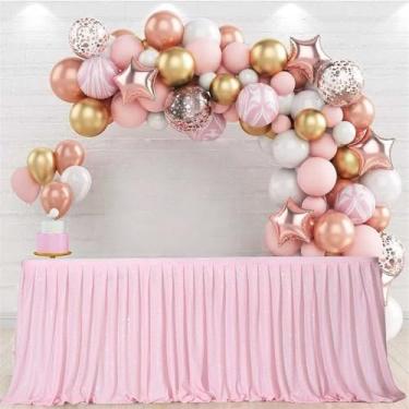 Imagem de Saia de mesa com lantejoulas Spakly Drapeada para festa de aniversário, chá de bebê, mesa de sobremesas, mesa de bolo de casamento, recepção de exposição, rosa, 1,83 m x 76 cm