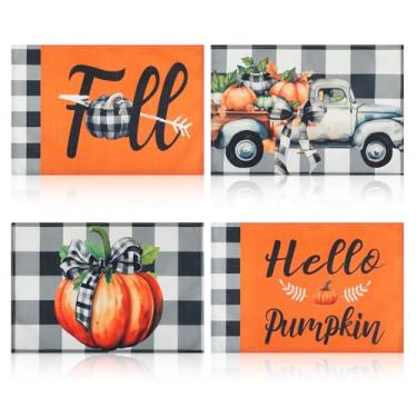 Imagem de Remagr 4 peças de jogo americano xadrez de caminhão de abóbora, búfalo, 30,5 x 40,6 cm, outono e outono, tapetes de mesa sazonais, decoração de mesa de jantar de Ação de Graças, cozinha, decoração de