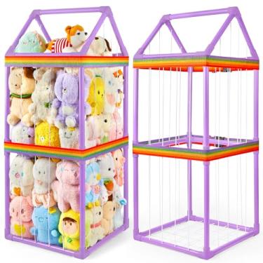 Imagem de Basumee Armazenamento de animais de pelúcia para animais de pelúcia com duas tiras de arco-íris, tubo de PVC, organizador de brinquedos para meninas, meninos, berçário, sala de jogos, quartos, roxo