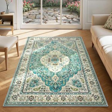 Imagem de Lahome Tapete de área com medalhão floral persa - Tapete envelhecido para banheiro de 4 x 6 quartos, macio, antiderrapante, lavável, tapete de berçário, tapete turco para ambientes internos para entrada, mesa de café, escritório, campista