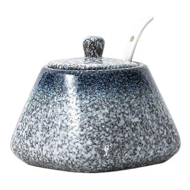Imagem de Açucareiro de cerâmica de 430 ml com tampa e colher, recipiente antiderrapante de açúcar e sal estilo japonês para balcão de cozinha, cafeteria e mesa de jantar