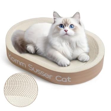 Imagem de KommSusserCat Arranhador grande para gatos de 59,5 cm, resistente, branco, para gatos – Almofada oval durável para arranhar e cama de descanso com mini tábua de arranhar (branca)