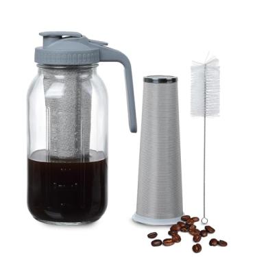 Imagem de Novelinks Jarra de vidro de 1,8 l com tampa, jarra de vidro de boca larga com filtro, jarro de água à prova de vazamento para suco, leite, café gelado e chá de limonada (cinza)