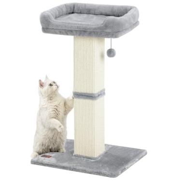 Imagem de Karolpar Poste arranhador para gatos de 81 cm para ambientes internos, arranhador de sisal com poleiro de pelúcia, grande arranhador com cama, capa removível, tecido de sisal, cinza claro