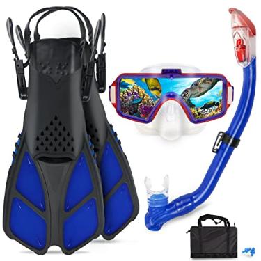 Imagem de AosDero Conjunto De Mergulho Com Snorkel Infantil, Nadadeiras Ajustáveis + Máscara Panorâmica Tubo Seco Bolsas Viagem, Equipamento Adequado Para Crianças, Jovens E 5 A 14 Anos