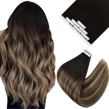 Imagem de Ve Sunny Extensões de cabelo com fita adesiva cabelo humano real invisível Remy cabelo humano liso fita dupla face natural preto ombré marrom escuro balayage cinza loiro 50,8 cm 10 peças 25G