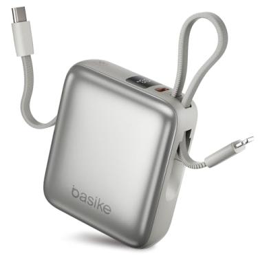 Imagem de Basike Carregador Portátil 10000mAh, Mini Power Bank com Cabos Integrados, Carregamento Rápido 22.5W(MAX), Pequeno, Led Indicador de Bateria para iPhone/Samsung/Huawei/Xiaomi, etc (Prata)