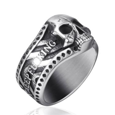 Imagem de ELFASIO Anel vintage de aço inoxidável com caveira gótica para homens, banda de meninos, esqueleto, prata, coquetel, festa, motociclista, tamanho 8-13, Metal, Sem pedra preciosa
