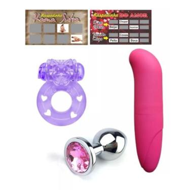 Imagem de Vibrador Feminino Ponto G + Plug Anal Aço Inox P Iniciante + Anel Peni