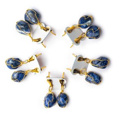 Imagem de 05 Brinco Cesta Amarrada Pedra Sodalita Azul Dourado