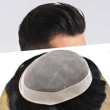 Imagem de Peruca masculina de cabelo humano fino mono revestimento poli ao redor do sistema de substituição de cabelo monofilamento NPU durável para homens MILAGRE FACE MILAGRE 1B10# 1B#OFF PRETO + 10% CINZA
