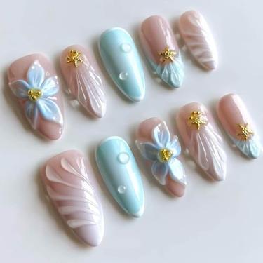 Imagem de RUOKEXIN Unhas postiças de comprimento médio de amêndoa, unhas postiças de verão com designs de concha 3D, unhas artificiais de flores, cola brilhante nas unhas, prensa fofa para mulheres, 24 peças