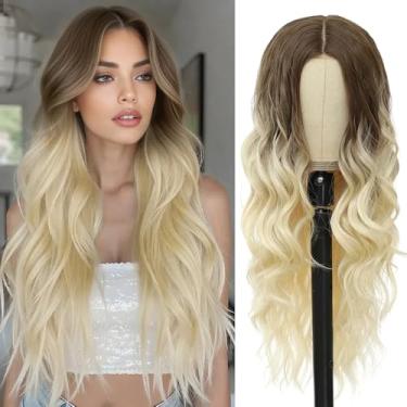 Imagem de Peruca loira marrom a platina para mulheres, 66 cm, pré-cortada, amarrada à mão, longa ondulada, linha do cabelo natural, parte do meio, perucas de reposição para mulheres iniciantes, peruca sintética
