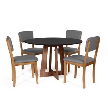 Imagem de Mesa De Jantar Redonda Montreal Pret/nor Com 4 Cadeiras Estofadas Ella Cinza Escuro