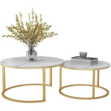 Imagem de Mesa De Café Redonda Moderna Geométrica Aninhada, Mesa Lateral Para Sala De Estar, Conjunto De 2, Tampo De Mesa Redondo De Mármore Com Base Dourada, White