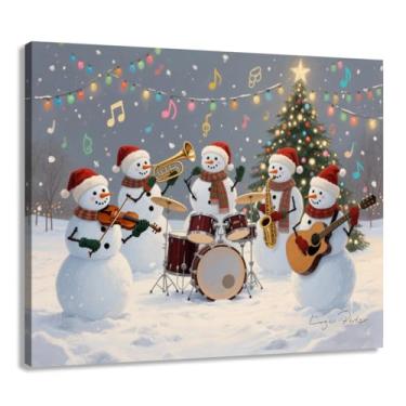 Imagem de Woxfcart Impressão em tela musical de Natal de boneco de neve, cena de neve de férias de inverno com banda de bonecos de neve, decoração de casa, 38 x 30 cm