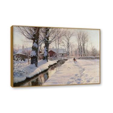Imagem de Moldura externa de teca. Pinturas a óleo famosas, (Uma paisagem de inverno arborizada) por Peder Mork Monsted, reprodução impressa em tela, arte de cenário para decoração de sala de estar. 30 x 42 cm