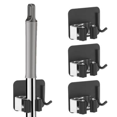 Imagem de XYTZHSAI Suporte de parede para vassoura de aço inoxidável, suporte de esfregão resistente, gancho de parede com gancho, sem perfuração, autoadesivo, antiderrapante, organizador de ferramentas para