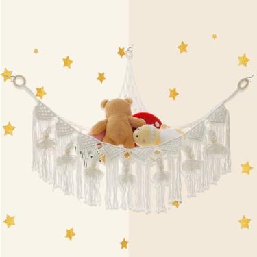 Imagem de DJAPWPX Rede de algodão com corda de pelúcia para animais de pelúcia de grande capacidade para economizar espaço no canto organizador de brinquedos para quarto e sala de estar (branco)