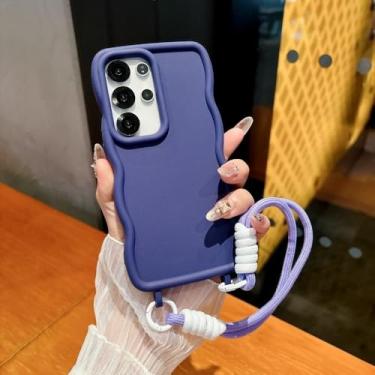 Imagem de Capa de silicone macia com borda ondulada 3D para Samsung Galaxy S24, S25 Ultra Plus, S24ultra, S25, alça de pulso, capa à prova de choque, roxa, para Galaxy S25 Ultra