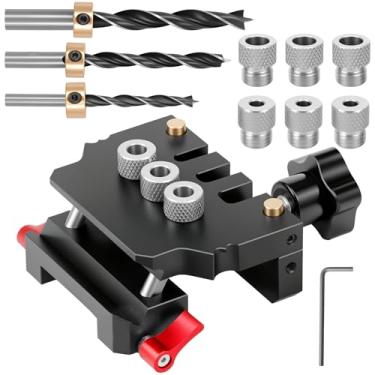 Imagem de Kit de gabarito de cavilha autocentralizante 3 em 1 - kit de gabarito de cavilha para furos retos, localizador de guias de broca de ferramentas em forma de T, com 3 x (6 mm, 8 mm e 10 mm), 3 x brocas