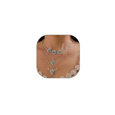Imagem de GIGB PBDK Colares em camadas ocidentais para mulheres boho turquesa com contas colar de corrente chapéu de vaqueira botas flor pingente de cabeça de boi colares country concerto acessório, Large, Liga