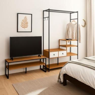 Imagem de Closet Aberto Sevilha com Estrutura Metálica Preta, Prateleiras em MDF Madeira, Gavetas Off-White, Cabideiros e Nichos, Design Moderno e Funcional para Quartos, Closets e Ambientes Integrados