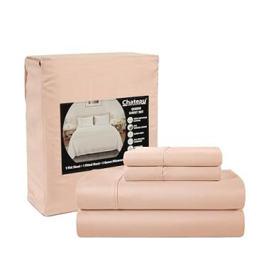 Imagem de CHATEAU HOME COLLECTION Jogo de lençol 100% algodão egípcio, jogo de lençol com bolso profundo de 400 fios para até 43 cm, lençóis inteiros de cetim macio naturalmente refrescantes - blush