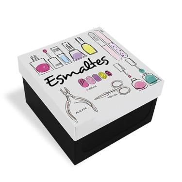 Imagem de Geguton - Caixa Esmalte - Aço com 2 Divisórias e Viseira - Organização e Decoração - Preto Fosco e Branco com Estampa