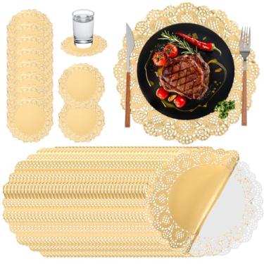 Imagem de 200 peças de papel de renda dourada, talheres decorativos de 30 cm, jogo americano redondo descartável para casamento, aniversário, aniversário